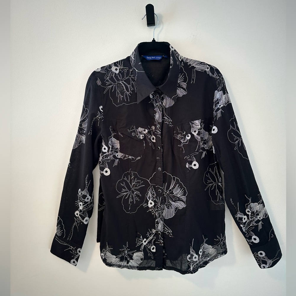 Georg Roth Womens Stitched Floral Black Western Shirt Pearl Snap Buttons Sz L